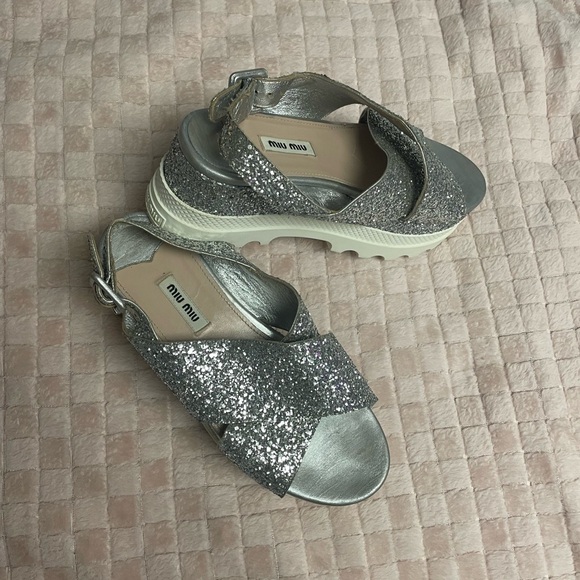 Miu Miu Glitter Silver Sandals - Picture 1 of 3